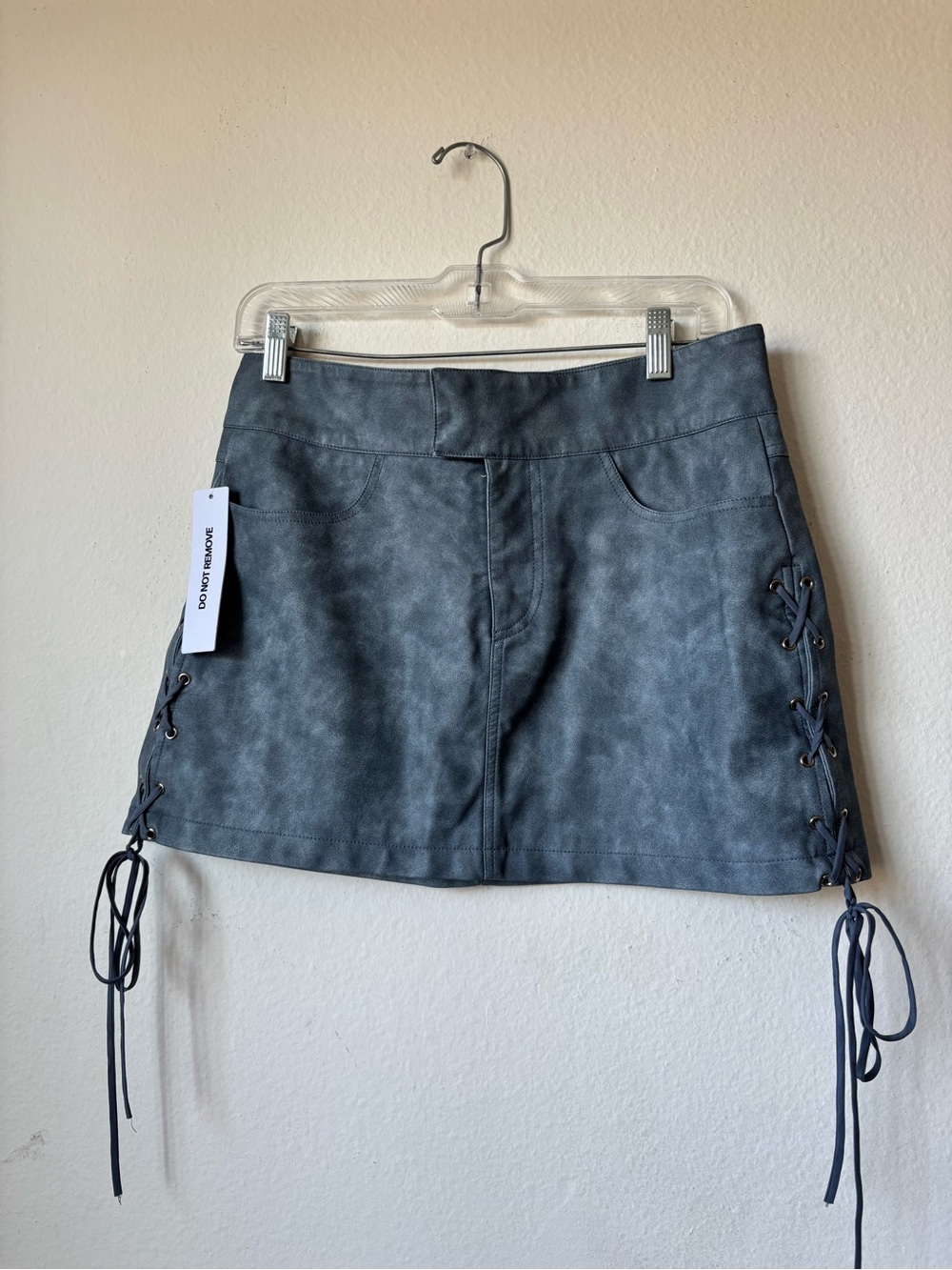 Princess Polly Ceejay Gray Faux Leather Mini Skirt Slate  with Lace-Up Sides NWT